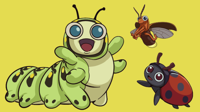 Green smilling caterpillar, red ladybug, and a brown lightning bug on a yellow background. 