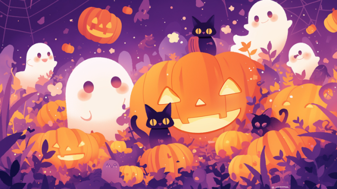 Cartoon image with purple background. Four white gohsts and two black cats around an orange jack o lantern