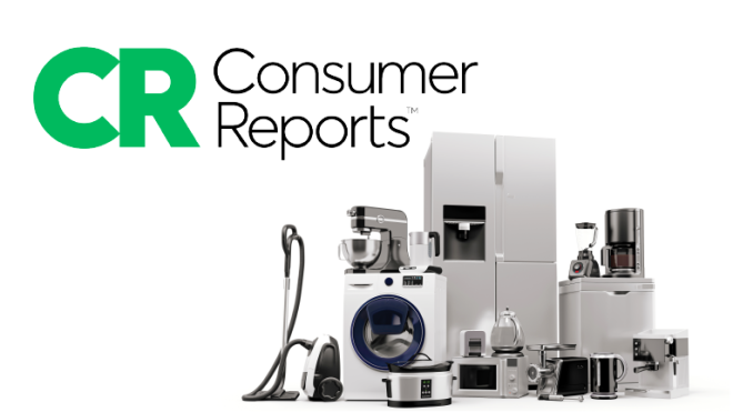 Green letters that read CR and black text that reads Consumer reports.  Pictures of several applianace like refridgerator, vacuums and coffe makers