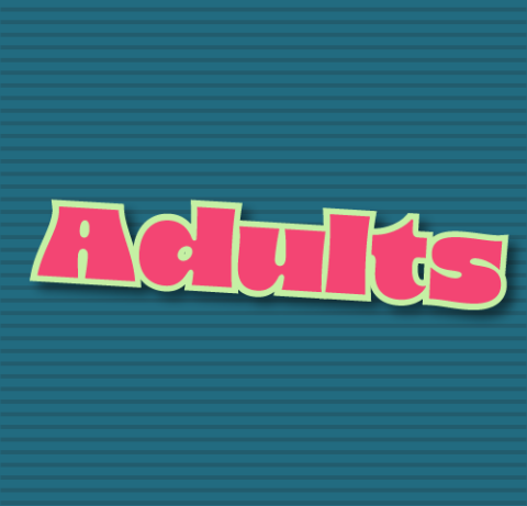 The word Adult in hot pink on a dark blue stripped background