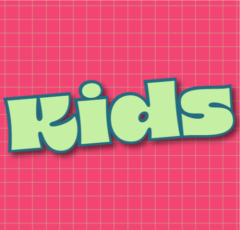 The word Kids in light green on a hot pink background