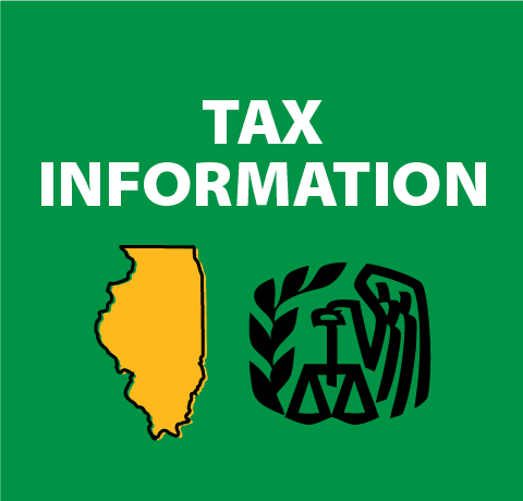 Tax information with a yellow state of illinois and an outline of an eagle with the scales of balance